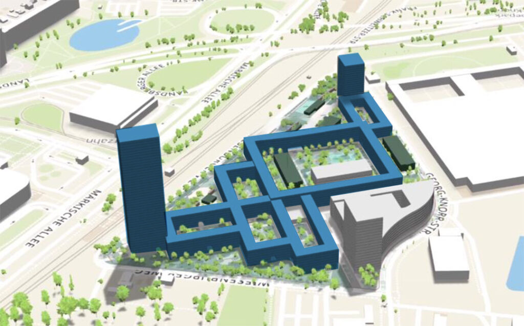 Visualisierung Gebäudekomplex Hochhäuser farblich hervorgehoben HEG Tragwerksplanung